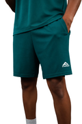 Teal athletic shorts with a logo on a black background